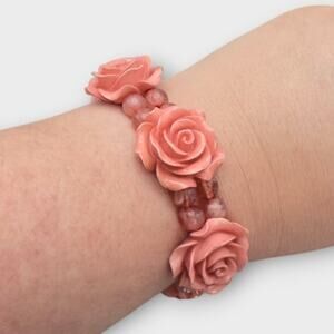 Coral Pink Rose Stretch Bracelet Floral Beaded Garden Party Romance Cottagecore